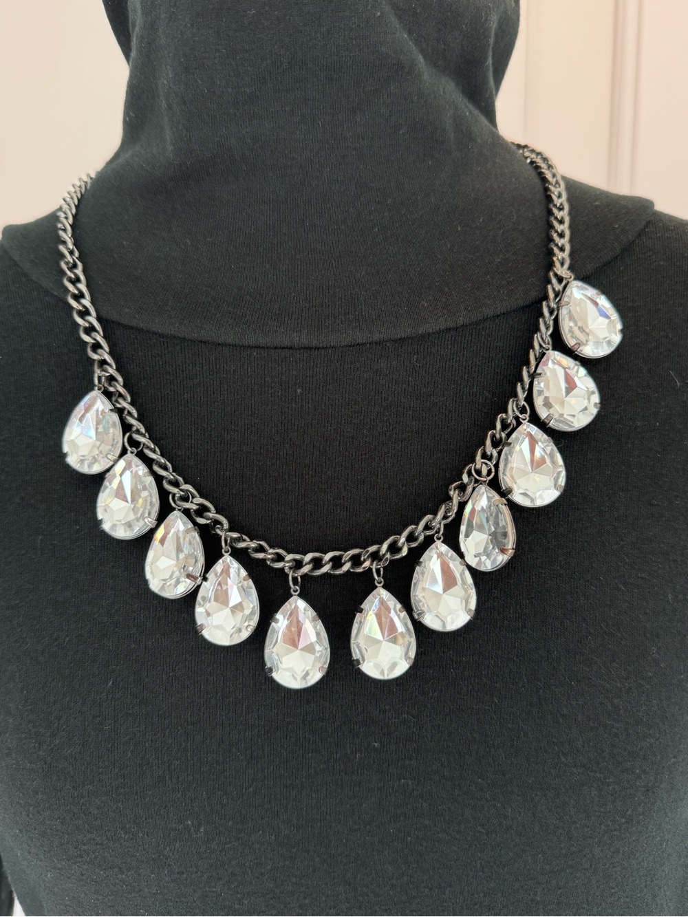 Crystal Teardrop Statement Necklace Gunmetal Glam Jewelry